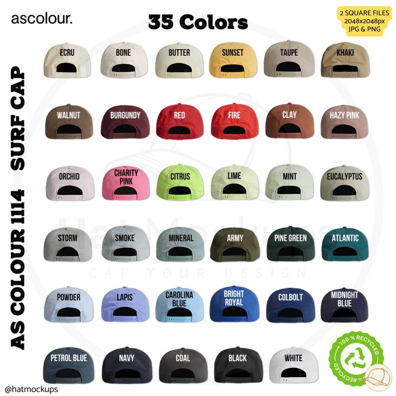 Printify AS Colour 1114 Surf Cap 35 colors digital color chart for instant digital download. Jpg and png files square ratio. Surf Cap Color Guide for Etsy listings, Amazon sellers, Shopify Hat Shops, eBay, Amazon. From Hat Mockups Shop on Etsy.