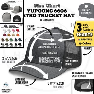 YUPOONG 6606 Hat Size Chart 6606 Retro Trucker Hat Color Chart, Printful Yupoong Trucker Cap Features, Flexfit 6606 Hat Product Information