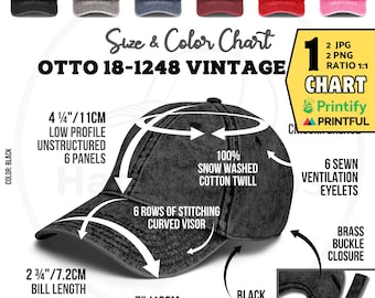 OTTO 18-1248 Vintage Cap Size and Color Chart, Printful Printify Otto Hat Sizing Guide (Digital Download Jpg, Png)