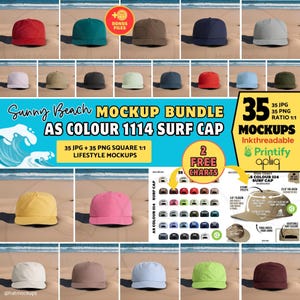 May include: A mockup bundle featuring various colored AS Colour 1114 Surf Caps. The image showcases a variety of caps in different colors, including red, green, and blue. The text "Sunny Beach Mockup Bundle" is displayed, along with other details.