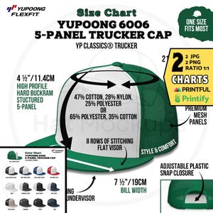 SIZE CHART Yupoong 6006 Classic Trucker Cap Color Chart, Printful Yupoong 5-panel Trucker Hat Features, YP Cap Color Guide, Yp 6006 Sizing