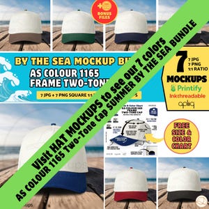 May include: A promotional image displaying seven two-tone baseball caps with white crowns and coloured brims. The image includes text that reads "By the Sea Mockup Bundle" and "Visit Hat Mockups to see our 7 colours". The image also includes a size and colour chart.