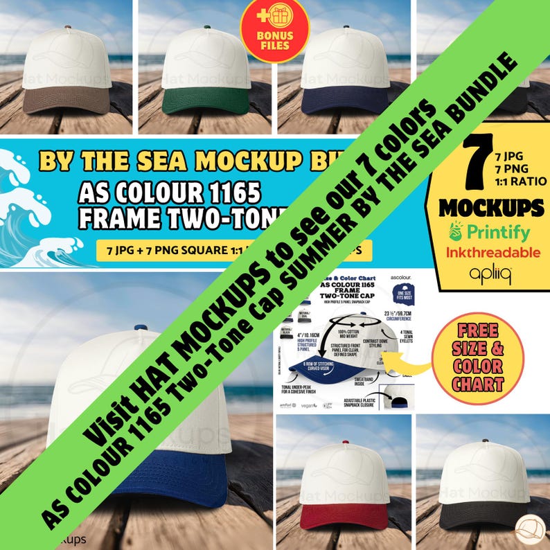 May include: A promotional image displaying seven two-tone baseball caps with white crowns and coloured brims. The image includes text that reads "By the Sea Mockup Bundle" and "Visit Hat Mockups to see our 7 colours". The image also includes a size and colour chart.