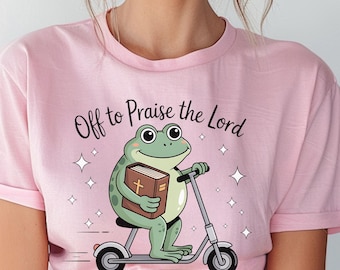 Off to Praise the Lord Frog on Scooter: Comfort Colors 1717 Unisex Christian T-Shirt
