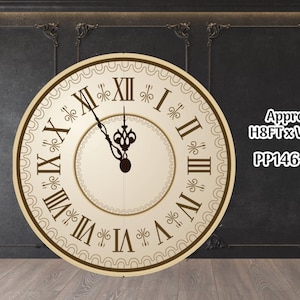 May include: A large, round wall clock with Roman numerals and ornate hands. The clock face is cream-colored with a decorative border. The text "Approx H8FT x W8FT PP146-47" is visible on the right side.