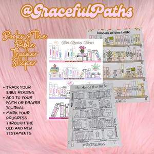 May include: A collection of Bible reading tracker stickers featuring bookshelf designs. The stickers include the text "Books of the Bible" and "Bible Reading Tracker." The stickers are designed to track progress through the Old and New Testaments.