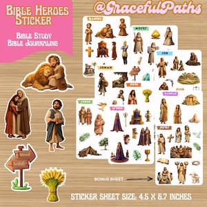 May include: A collection of stickers featuring Bible heroes, perfect for Bible study and journaling. The stickers include images of Daniel, Moses, Jonah, Ruth, Esther, and Jesus. The sticker sheet size is 4.5 x 6.7 inches.