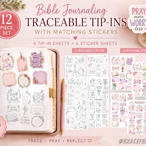 May include: A 12-piece Bible journaling set featuring 6 traceable tip-in sheets and 6 matching sticker sheets. The set includes various floral and faith-themed designs, with sheet sizes of 6.5 x 4.5 inches. A pen and paper clips are also visible.