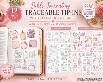 May include: A 12-piece Bible journaling set featuring 6 traceable tip-in sheets and 6 matching sticker sheets. The set includes various floral and faith-themed designs, with sheet sizes of 6.5 x 4.5 inches. A pen and paper clips are also visible.