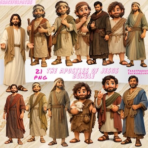 May include: A digital illustration featuring 12 cartoon figures of the Apostles of Jesus, each in traditional attire. The figures are depicted with beards and various expressions. The text "21 THE APOSTLES OF JESUS BUNDLE PNG" is visible.