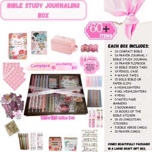 May include: A complete Bible study journaling kit in a gift box. The kit includes a compact Bible, prayer journal, pens, highlighters, stickers, and more. The box measures 14.5 x 12.5 inches.