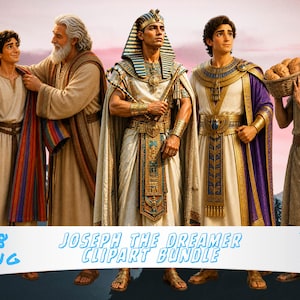 May include: Digital illustration of five figures in ancient Egyptian attire. The figures are in various poses, with one carrying a basket of bread. The image includes text that reads "Joseph the Dreamer Clipart Bundle".