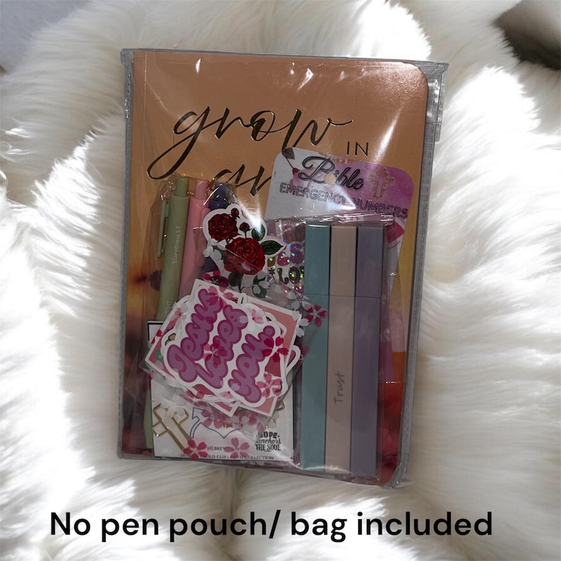Bible study grab bag, grow im grace book, Bible gift bag, spiral notebook, Christian sticker, washi tapes, Bible bookmark, pick bag, Christian mini bag, highlighters, pens, devotional book, set your eye on things above devotion