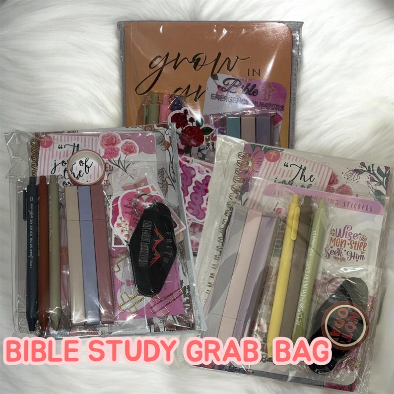 Bible study kit, devotional coloring book, journal notebook, washi tapes, highlighters, Christian stickers, cross clips, Bible clips, book clips, inspirational pen, sticky notes, keychains. gift wrapped in clear plastic. The set on the left contains a devotional coloring book, stickers, and  More. The set on the right includes a journal notebook,  notepad, faith stickers and More!