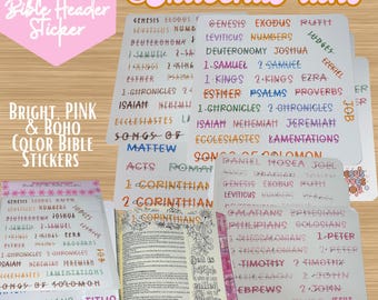 Bibelns böcker Header-klistermärken | Klar, matt och glansig vinyl | Bibeljournaling-klistermärken | Rosa, bohemiska och ljusa färger