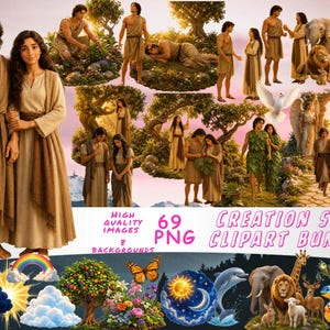 Könnte beinhalten: Ein digitales Clipart-Paket mit 69 PNG-Bildern und 8 Hintergründen, die die biblische Schöpfungsgeschichte darstellen. Die Sammlung enthält Illustrationen von Figuren in beigen Gewändern, verschiedenen Tieren, Naturelementen und einem Regenbogen.