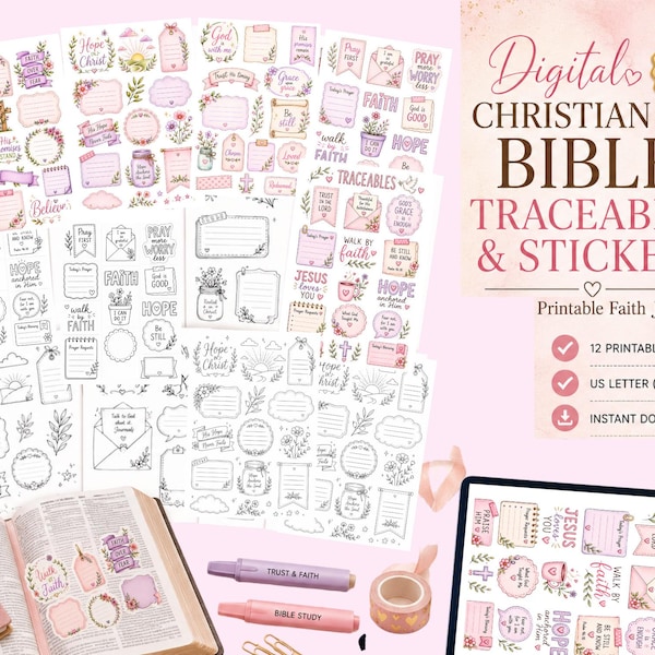 Christian Bible Traceables & Printable Stickers | Bible Journaling Printable | Faith Planner Stickers| 12 Pages (Digital Download)