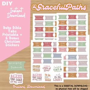 May include: DIY printable Boho Bible tabs and Christian stickers in various colors. The tabs feature book names and the stickers have inspirational quotes. The design includes the text "Instant Download" and "@GracefulPaths".