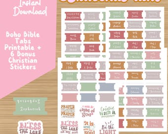 May include: DIY printable Boho Bible tabs and Christian stickers in various colours. The tabs feature book names and the stickers have inspirational quotes. The design includes the text "Instant Download" and "@GracefulPaths".