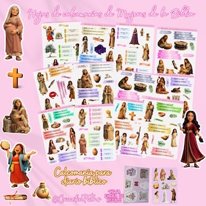 May include: Multiple sticker sheets featuring illustrations of biblical women, including figures in historical clothing, scrolls, pottery, and crosses. The text includes "Hojas de calcomanías de Mujeres de la Biblia" and "Calcomanía para diario bíblico" in pink script.
