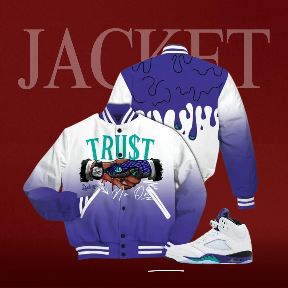 Discover Dunkare AJ 5 Retro Grape 5s Varsity Jacket - Trust No One Drip
