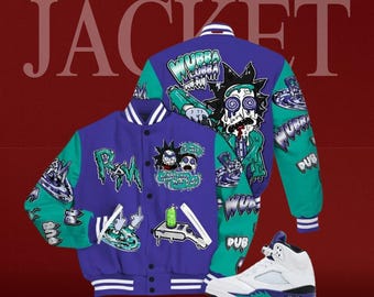 Kurtka AJ 5 Retro Grape 5s Match Varsity Jacket z nadrukiem, Wubba Rick Drip Letterman