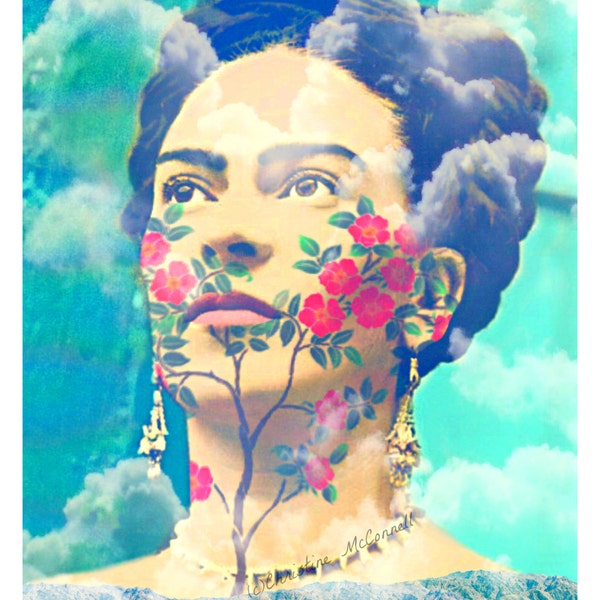 Frida Kahlo Print Instant Digital Download Tree Clouds Photomontage Modern Aqua Blue Green Red Pink Black White Small to Poster Sureal
