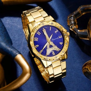 5pcs/set Women&#39;s Watch Eiffel Tower Quartz Watch Luxury Golden Stainless Steel Wrist Watch & Jewelry Set, Gift For Mom Her