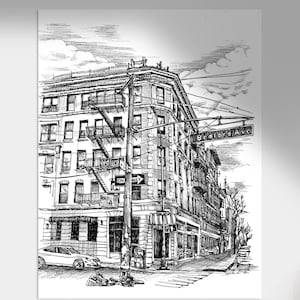 Rysunek tuszem „Brooklyn Street” – wydruk cyfrowy – czarno-biały rysunek tuszem przedstawiający pejzaż Nowego Jorku, dekoracja ścienna w stylu miejskim w Nowym Jorku – natychmiastowe pobranie