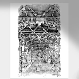 Przejście podziemne 125th Street, Nowy Jork, rysunek tuszem, wydruk cyfrowy: Czarno-biała ilustracja pejzażu miejskiego, sztuka ścienna z architekturą miejską, natychmiastowe pobranie