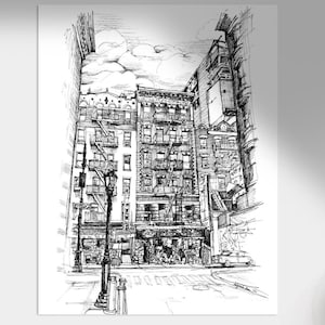 Rysunek tuszem z Nowego Jorku: Skrzyżowanie ulic bocznych w kształcie litery T, czarno-biała ilustracja miejska, sztuka ścienna z architekturą miejską, natychmiastowe pobranie