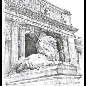 Puede incluir: Dibujo a pluma y tinta de la Biblioteca Pública de Nueva York. La imagen presenta una gran estatua de león frente al edificio, con las palabras "THE NEW YORK PUBLIC LIBRARY" arriba. El dibujo es en blanco y negro.
