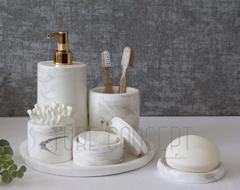 Marble Look Concrete Bathroom Accessory Set, Handmade Tray Set (6pcs)