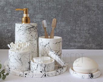 Marble Look Concrete Bathroom Accessory Set, Handmade Tray, Dispenser, Holder (6pcs)