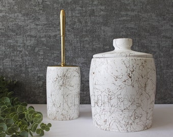 Marble Look Concrete Bathroom Set, Handmade Toilet Brush and Garbage Can