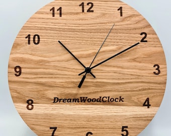 Personalized Oak Wood Wall Clock, Laser Engraved, Handmade