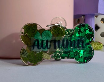 Blumen und Glitter Haustier-ID-Tag, Haustier-Namensmarke, Hunde-ID-Tag, echte gepresste Blumen, verschiedene Farben erhältlich