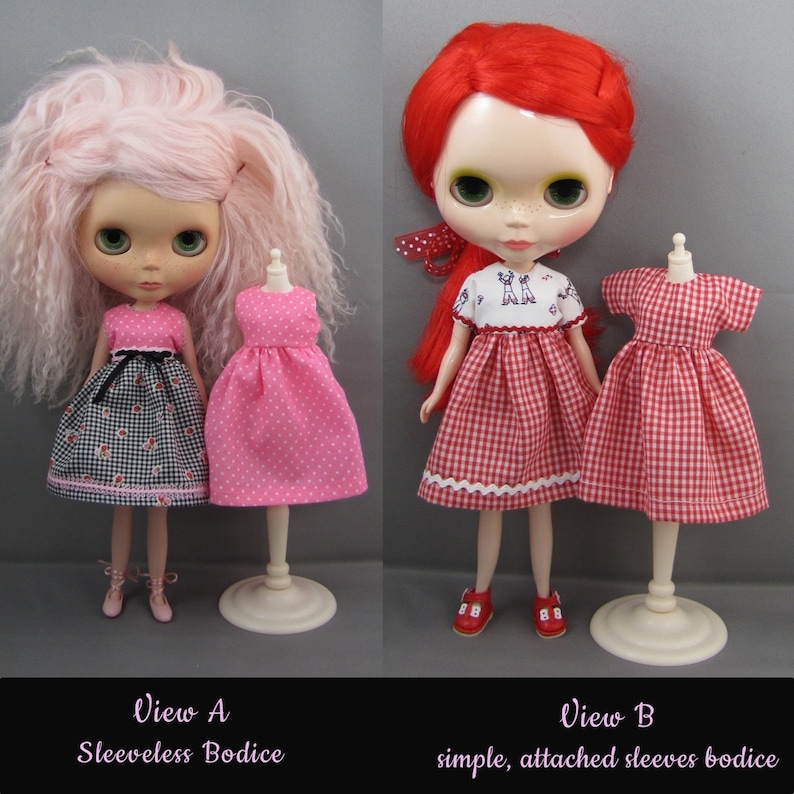 K&ouml;nnte beinhalten: Zwei Puppen mit unterschiedlichen Frisuren und Kleidern. Eine Puppe hat rosa Haare und ein schwarz-wei&szlig;es Blumenkleid. Die andere Puppe hat rotes Haar und ein rot-wei&szlig; kariertes Kleid. Die Kleider werden auf kleinen Schaufensterpuppen ausgestellt. Der Text auf dem Bild lautet "View A Sleeveless Bodice" und "View B simple, attached sleeves bodice."
