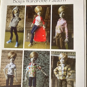 May include: A page from a sewing pattern book titled "Monster High Boy's Wardrobe Pattern." The pattern features six different outfits for a doll, including a hoodie, jeans, a baseball tee, a button-down shirt, and shorts. The outfits are displayed on a doll with blonde hair.
