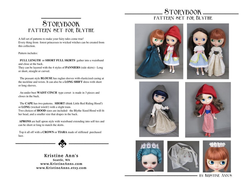 May include: A set of sewing patterns for making doll clothes for Blythe dolls. The patterns include a variety of styles, such as full-length skirts, short skirts, blouses, capes, and hoods. The patterns are designed to be used with a variety of fabrics and trims. The patterns are available in a variety of sizes to fit different Blythe dolls. The patterns are printed on high-quality paper and are easy to follow. The patterns are perfect for anyone who wants to create custom doll clothes for their Blythe dolls.