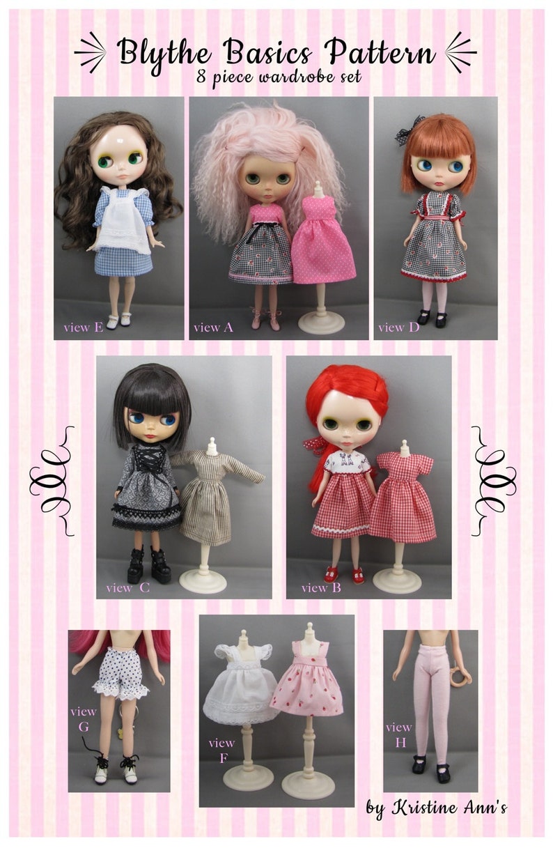 K&ouml;nnte beinhalten: Eine Auswahl an Blythe-Puppenkleidung, darunter Kleider, Shorts und Hosen. Die Outfits werden an den Puppen und Schneiderb&uuml;sten gezeigt. Der Text "Blythe Basics Pattern" und "8 piece wardrobe set" ist im Bild enthalten.