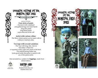 May include: A black and white printable pattern set for Monster High dolls. The pattern includes four styles of pants, a jacket with various collars, and two tops with several variations. The pattern is designed by Kristine Anns.