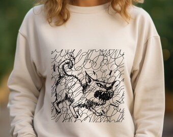 Angry Cat Sweatshirt, Fall Clothes, Halloween Clothes, Animal Lover, Gift for Cat Owner, Gift For Her, For Him, Scribble, Doodle Drawing