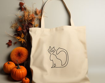 Black Cat Line Art Tote Bag, Halloween Tote Bag, Fall Tote Bag, Spooky Season, Spooky Vibes, Gift For Cat Lover, Fall Gift For Her, For Him