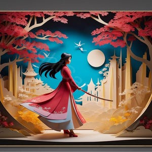 Japanese Kirigami Art Print: Mulan Inspired Paper Cut (Digital Download)