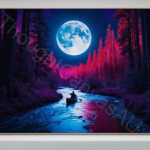 Surreal Night River Scene | Lone Canoeist | Glowing Moon | Digital Art Print | Wall Decor | Dreamy Landscape | Instant Download