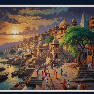 Vibrant Varanasi Painting | Indian Architecture | Digital Art | Sunset River Scene | Wall Decor | Instant Download