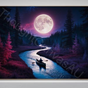 Surreal Night River Scene | Lone Canoeist | Glowing Moon | Digital Art Print | Wall Decor | Dreamy Landscape | Instant Download