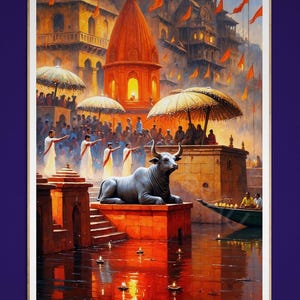 Ganga Aarti Painting: Cultural India Temple Scene (Digital Download)