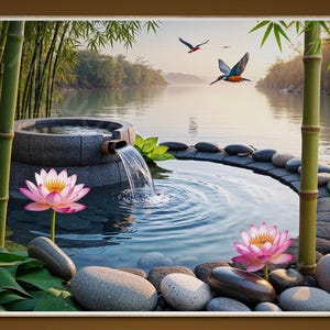 Zen Garden Art Print | Bamboo Water Fountain | Lotus Flowers | Digital Download | Instant Download